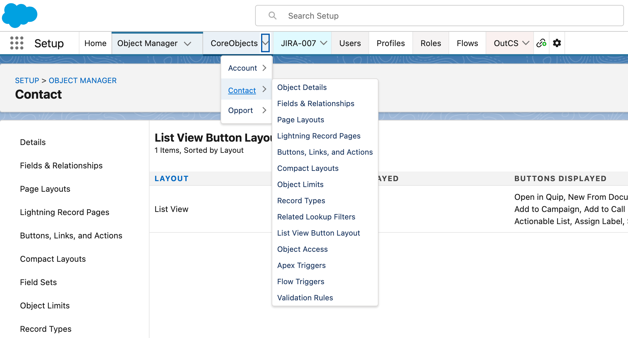A folder tab’s dropdown open in Setup, drilling from Contact into Object Manager pages like Fields & Relationships and Validation Rules