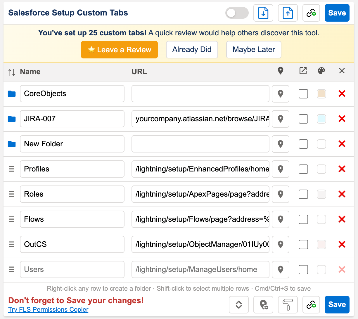 The Setup Custom Tabs manager popup listing tabs with names, URLs, folders, and colors — including an external Jira link