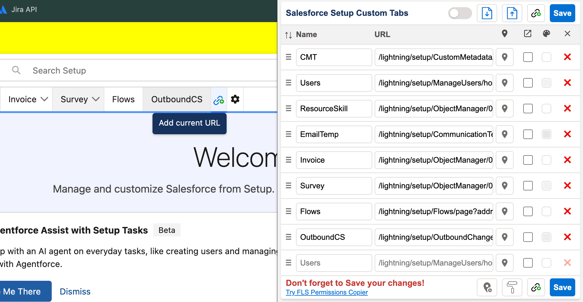 Custom tabs in Setup next to the manager panel, showing tabs for CMT, Users, Invoice, Survey, Flows and more