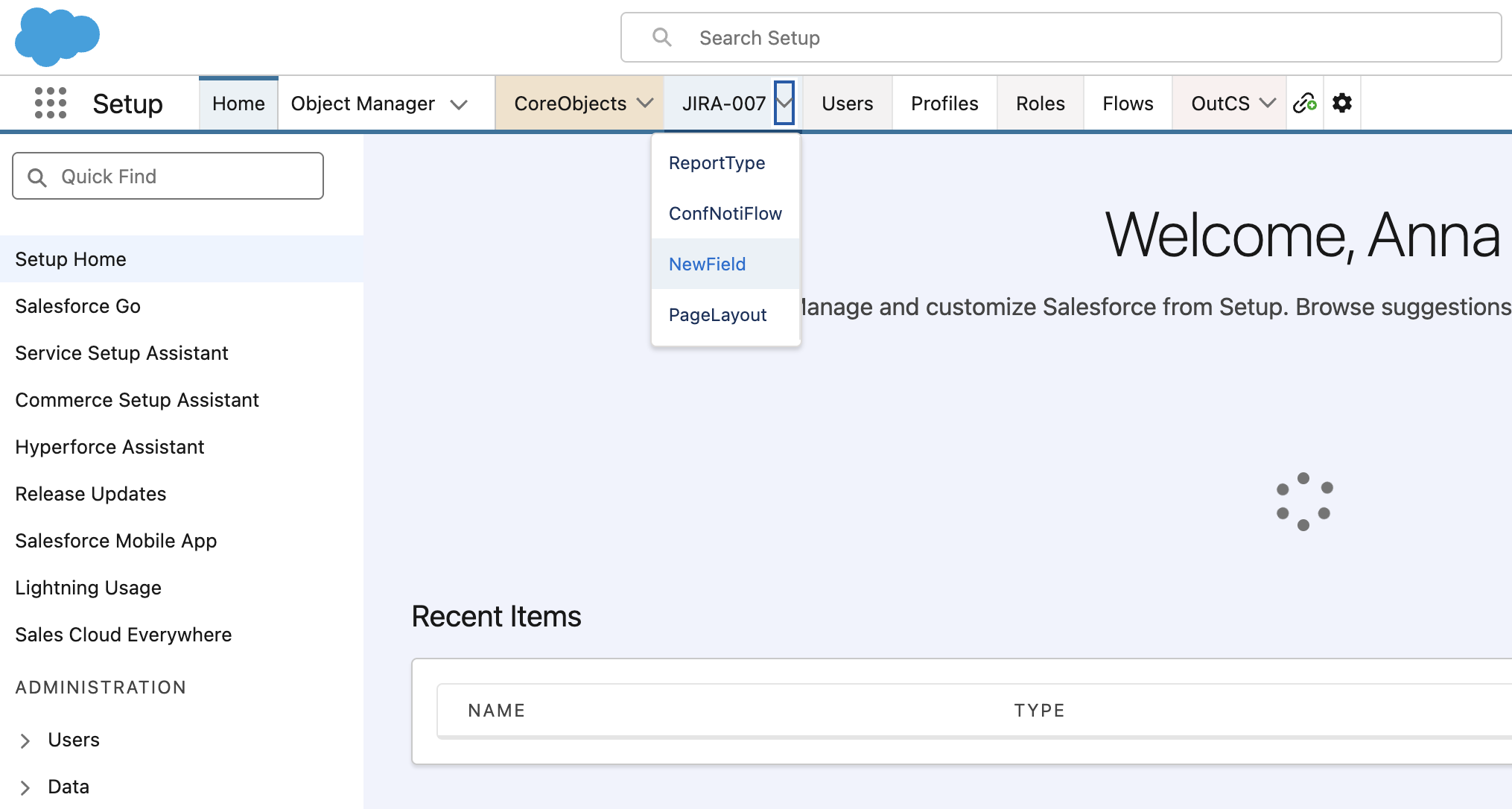 Salesforce Setup navigation bar with custom tabs — CoreObjects, JIRA-007, Users, Profiles, Roles, Flows — and a tab’s dropdown open showing its saved pages
