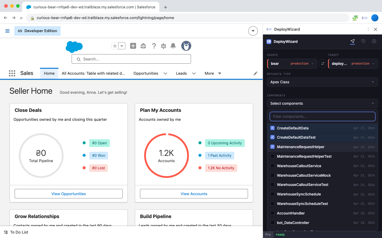 Component picker open in the side panel, filtering and selecting Apex classes from the source org