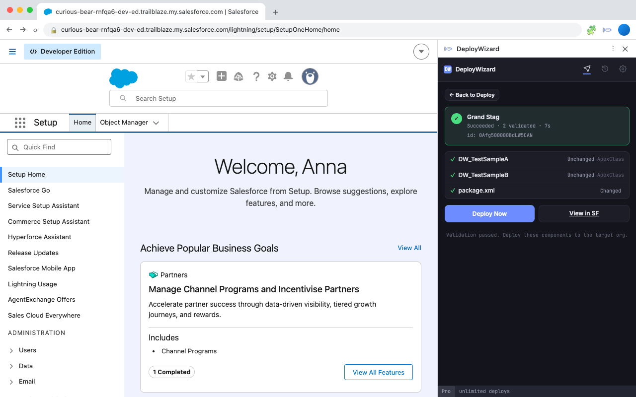 Successful validation result with per-component checkmarks and a Deploy Now button