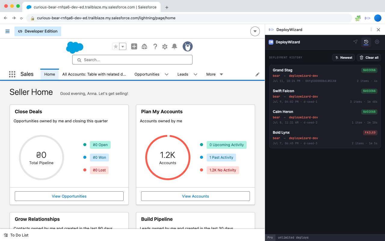 Deployment history list with success and failure badges per deployment