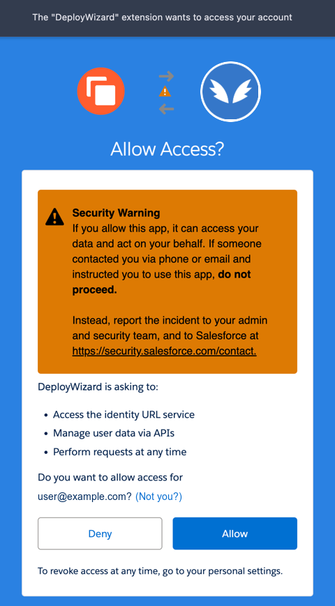 Salesforce Allow Access screen with the standard orange Security Warning and the three permissions DeployWizard requests