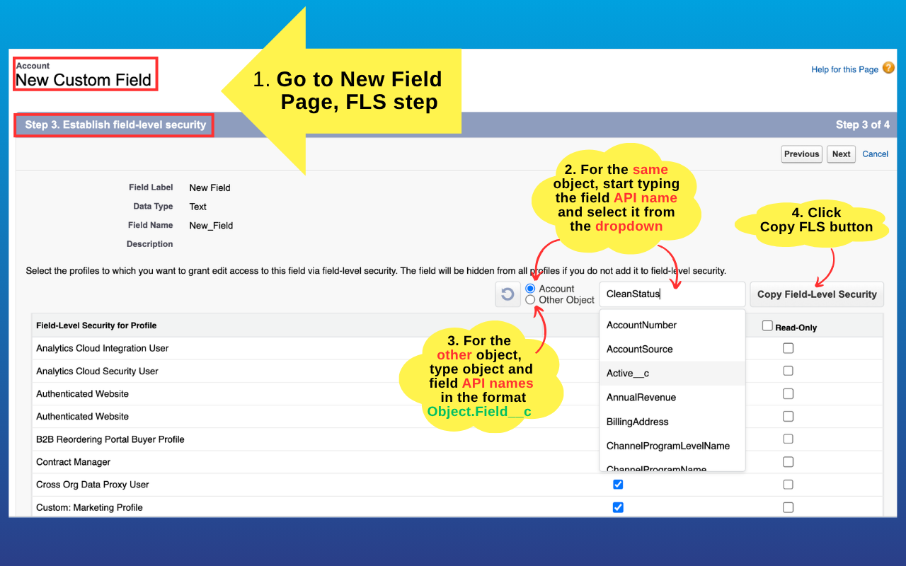 The Establish field-level security step of new field creation, with the copier's source-field autocomplete open and the Copy Field-Level Security button annotated
