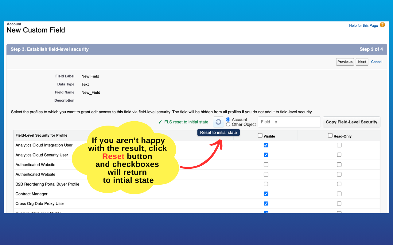 The Reset to initial state button restoring all Visible and Read-Only checkboxes to how they were before the copy